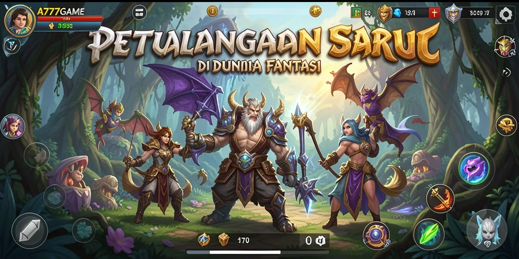 Tampilan gameplay menampilkan karakter berpetualang di dunia fantasi A777GAME.