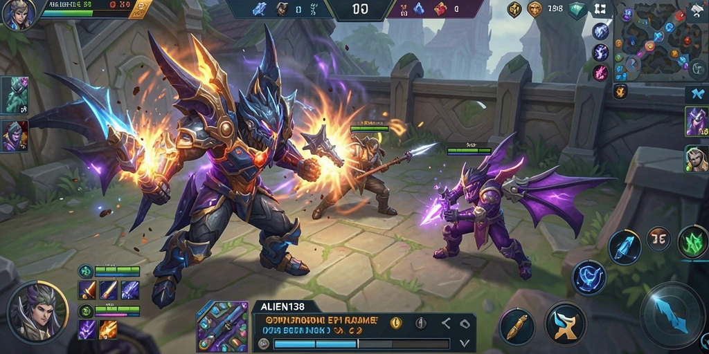 Tangkapan layar gameplay ALIEN138 dengan aksi seru di arena pertarungan MOBA.