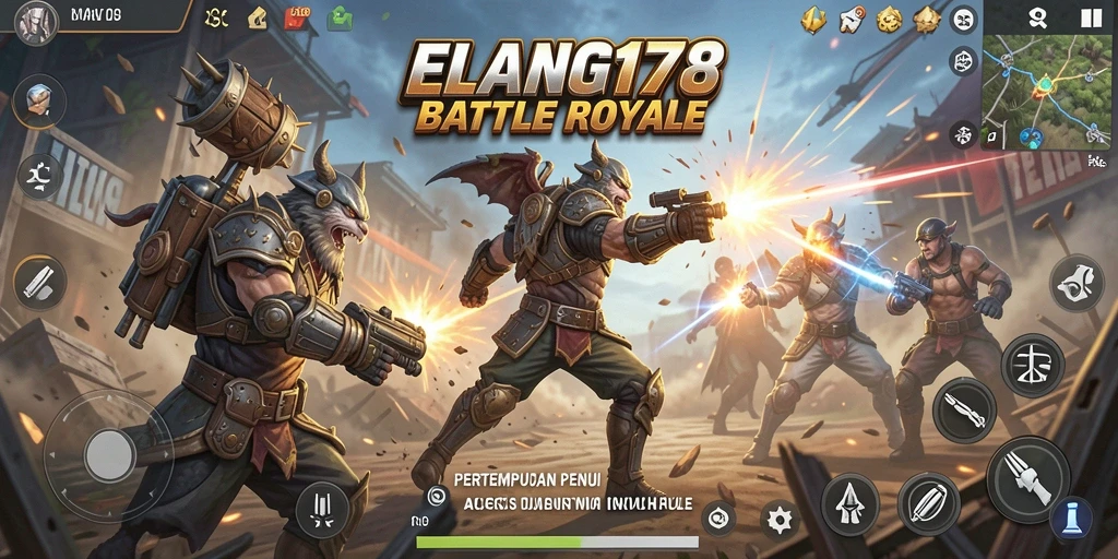 Tangkapan layar utama ELANG178 menampilkan pertarungan intens di medan perang Battle Royale.