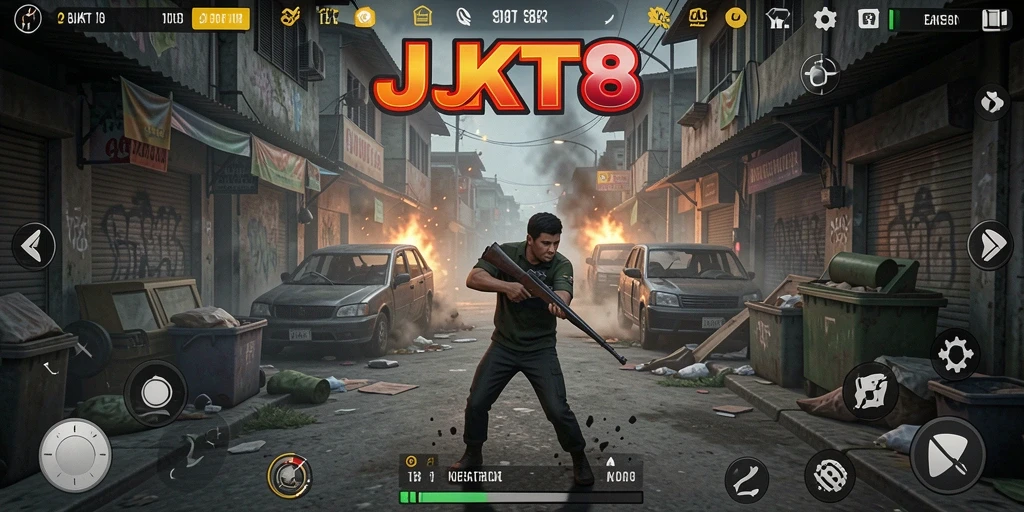 Tampilan gameplay mendebarkan dari JKT8 yang penuh aksi.
