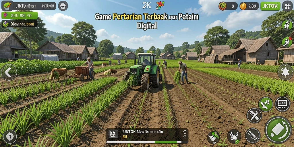 Tampilan gameplay JKTOK dengan kebun yang subur dan hewan ternak aktif.