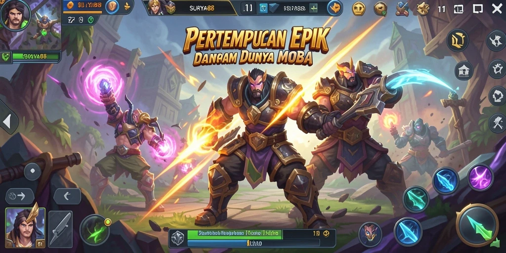 Menampilkan aksi pertempuran seru di SURYA88 dengan gameplay MOBA yang intens.