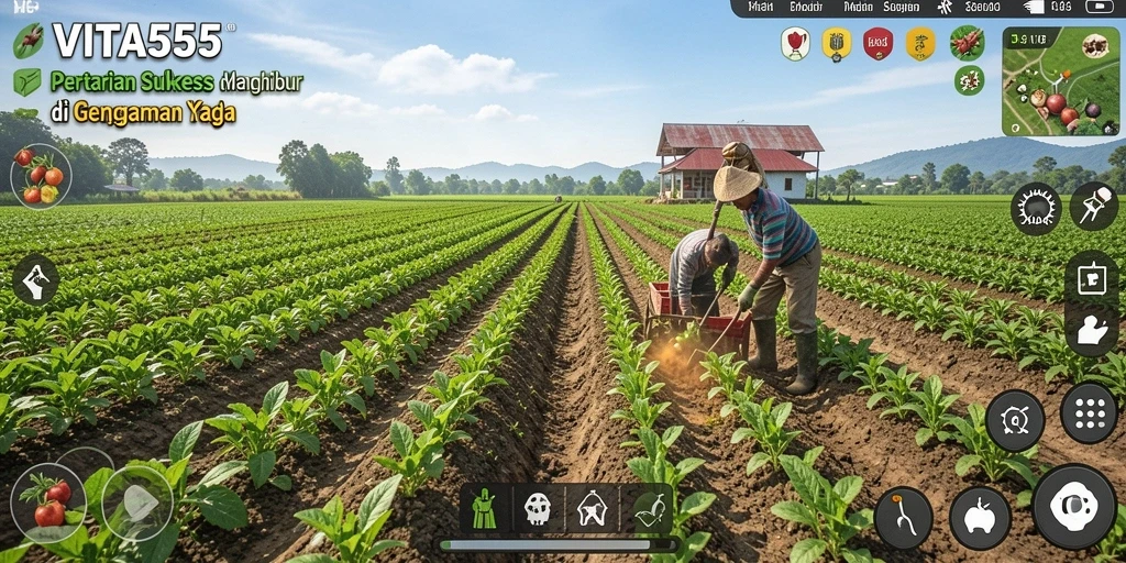 Tampilan screenshot utama VITA555 menampilkan suasana ladang yang subur dan beragam aktivitas pertanian.
